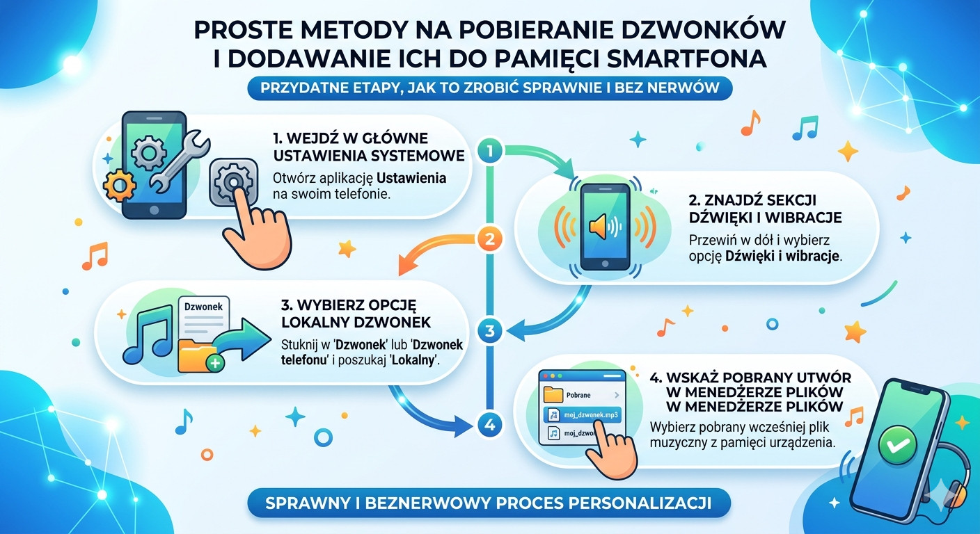 Infografika przedstawiająca instrukcję, jak ściągnąć dzwonek na telefon