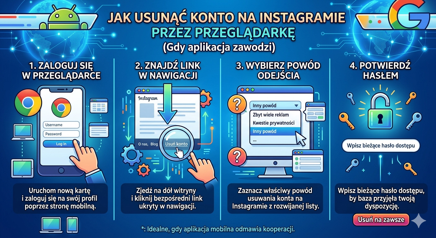 Infografika jak usunąć konto na Instagramie na telefonie z Androidem